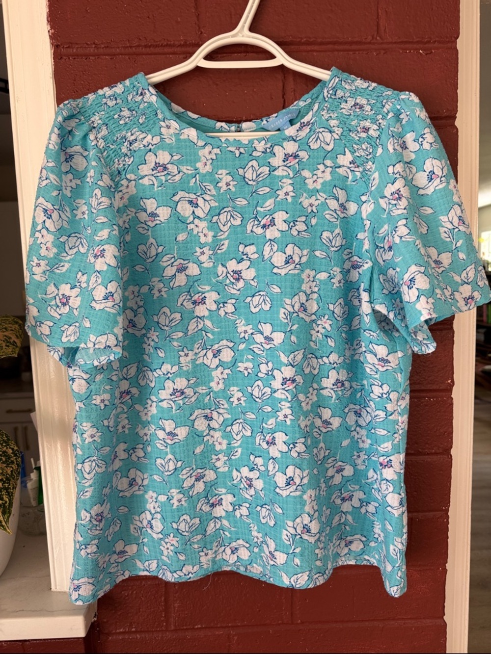 Draper James Aqua Floral Short Sleeve Blouse Medium
